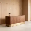 Modern Wood-Finish Reception Desk with Gold-Tone Base for Office Lobbies – Maoters thumbnail 4