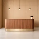 Modern Wood-Finish Reception Desk with Gold-Tone Base for Office Lobbies – Maoters thumbnail 3