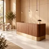 Modern Wood-Finish Reception Desk with Gold-Tone Base for Office Lobbies – Maoters thumbnail 2
