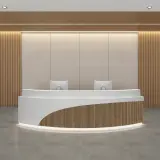 Modern Curved Service Counter with Wooden Grille thumbnail 1