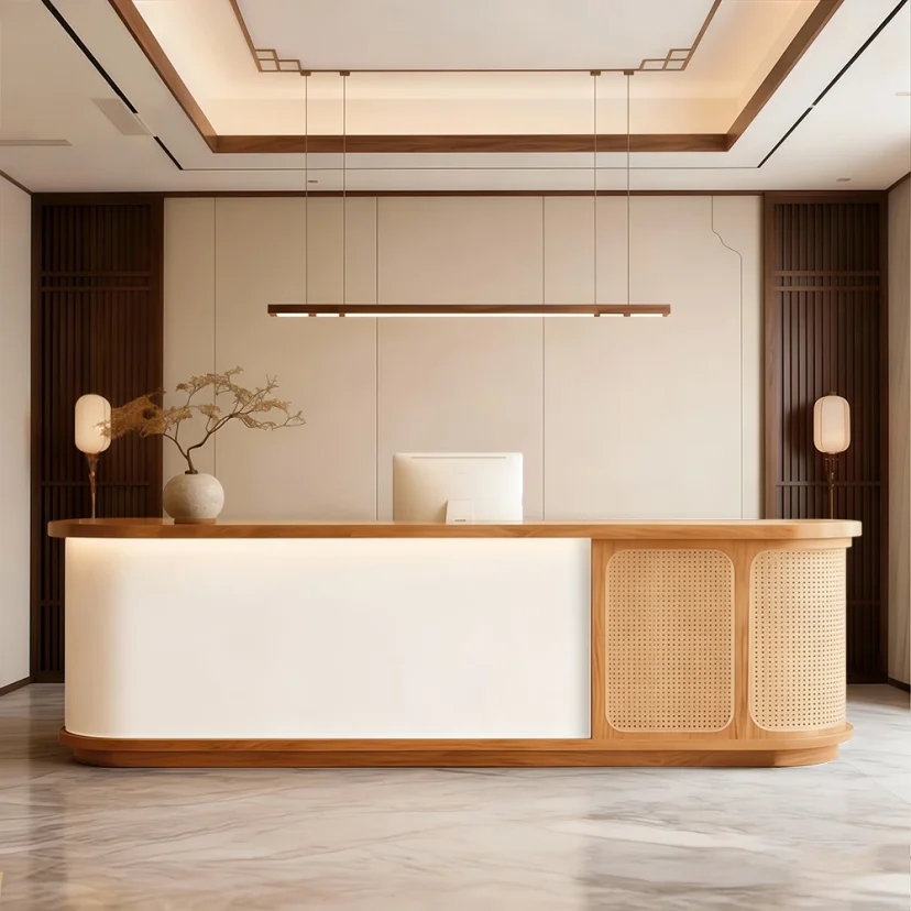 Rattan Curved Wood Reception Desk - Maoters