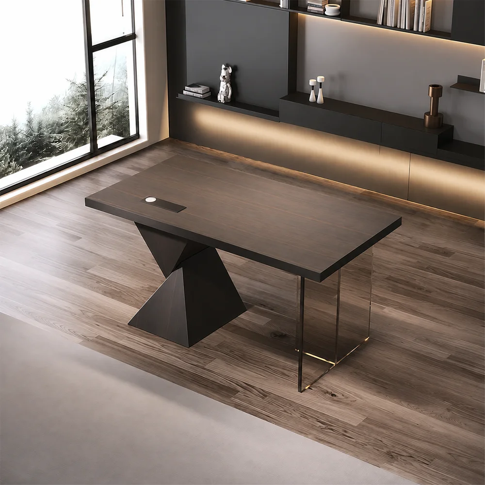 Italian Minimalist Desk with Outlet Solid Wood
