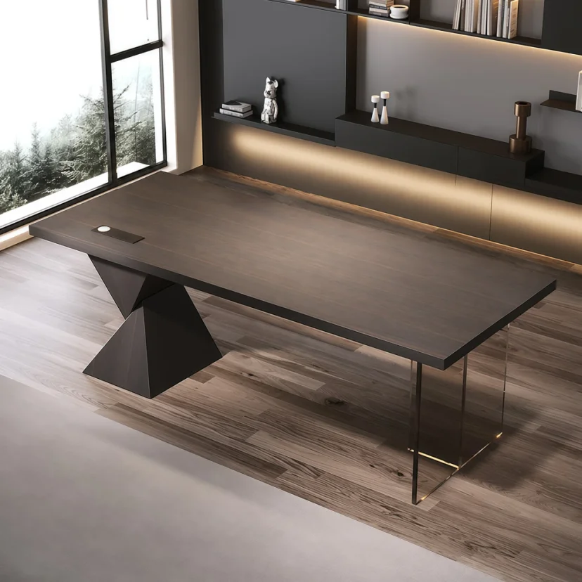 Italian Minimalist Desk with Outlet Solid Wood