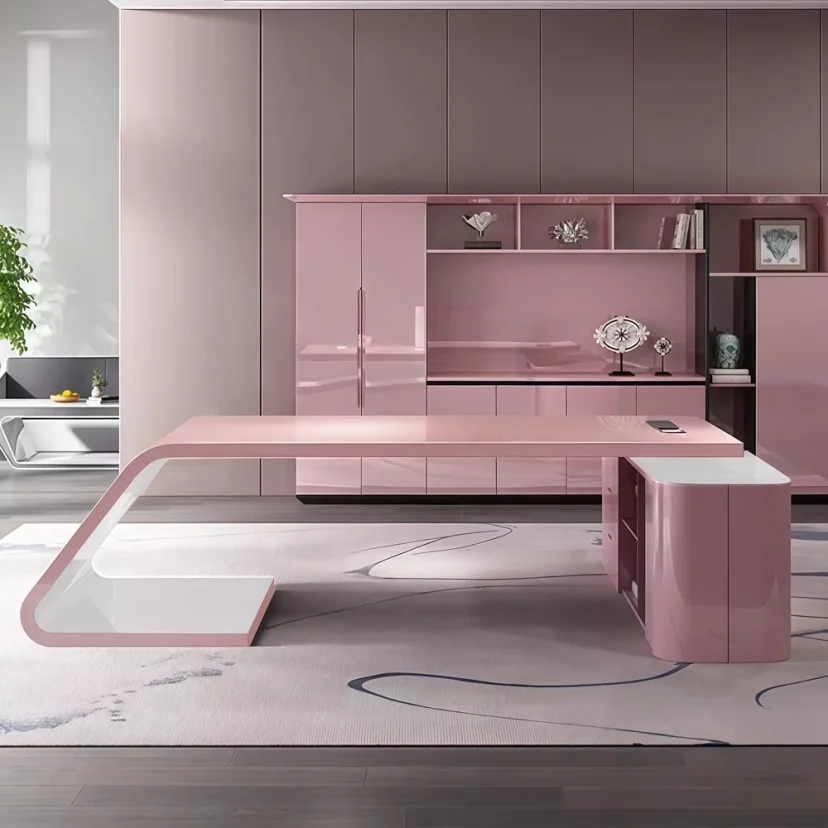 Pink Gloss Office Curved Executive Desk - Maoters