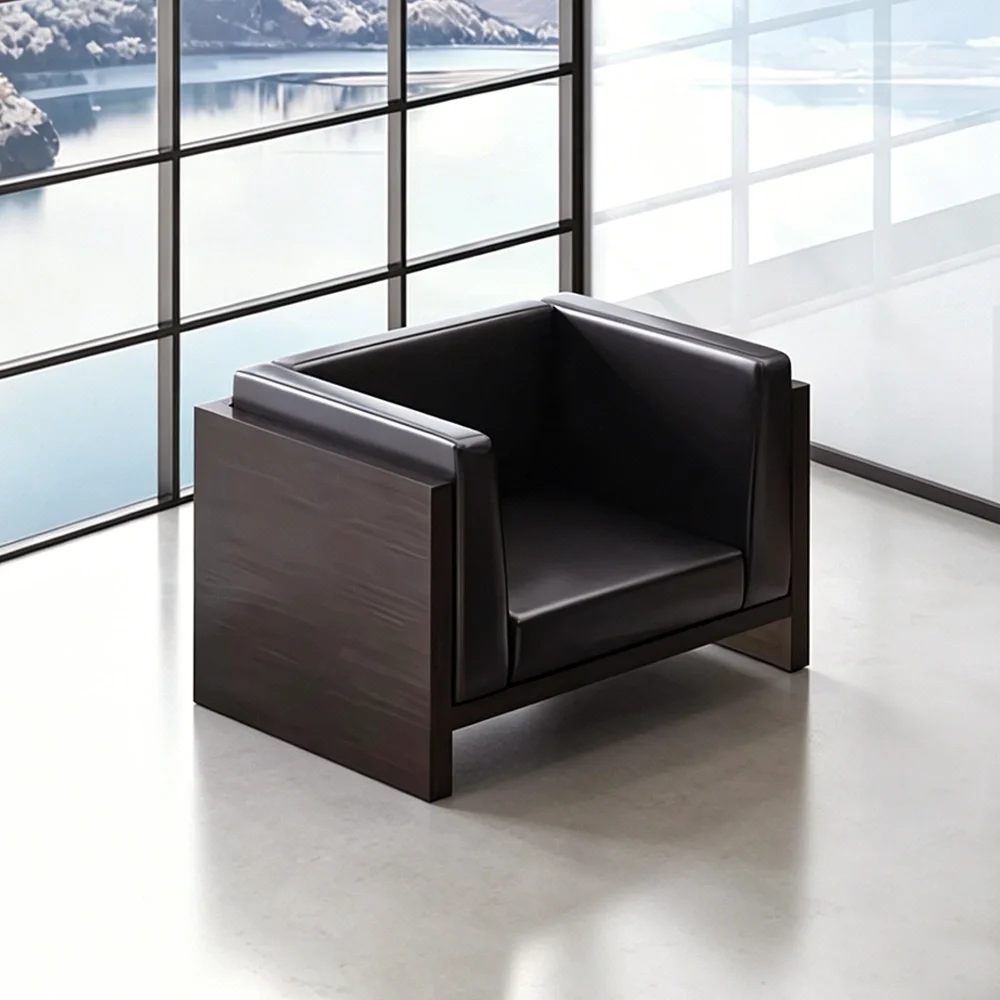 Compact Modern Guest Office Sofa – Genuine Leather, Black