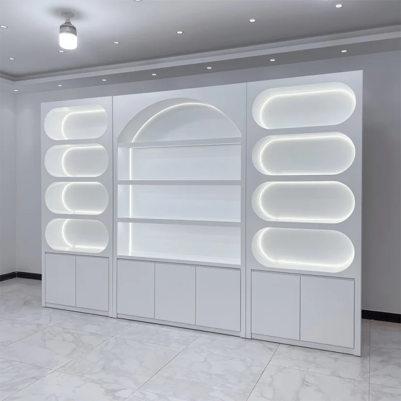 Beauty Clinic Skincare Showcase with Storage Shelves