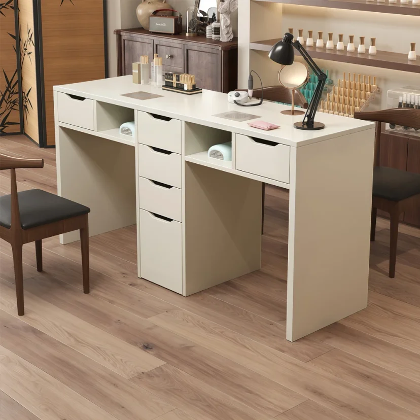 Vintage Cream Marble Nail Desk with Storage