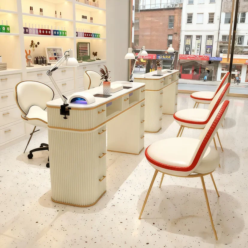 Dark Marble Nail Desk with Vacuum and Lamp