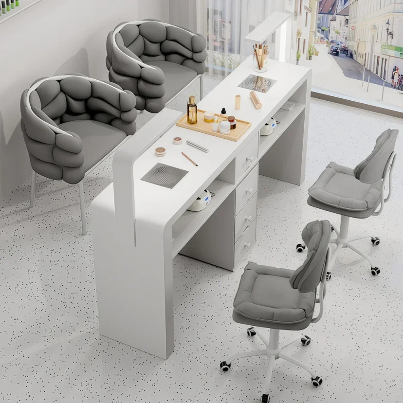 Minimalist Cream Nail Table with Vacuum Light