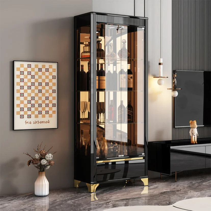 Modern White Glass Wine Cabinet with Lock