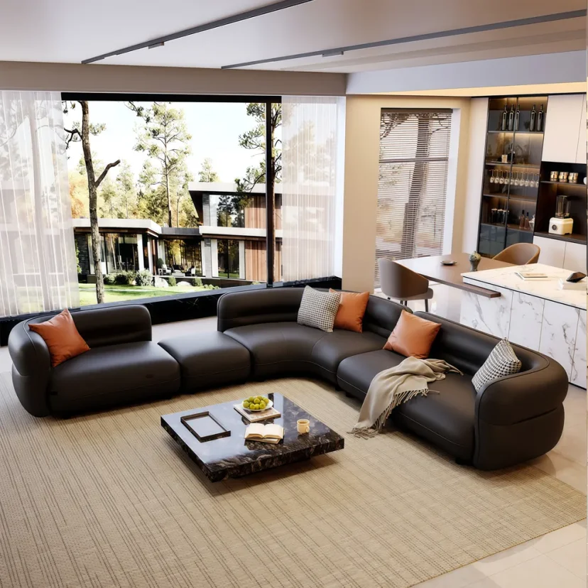 Curved Black Leather Sofa for Large Living Rooms