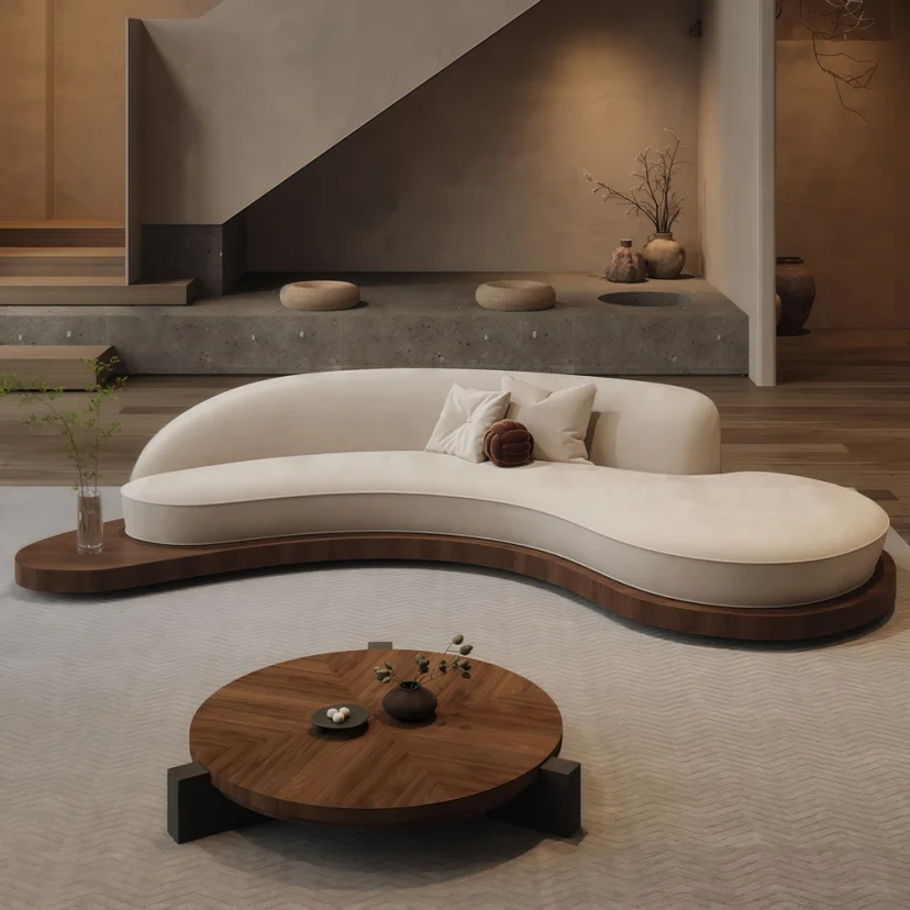 Retro Solid Wood Curved Sofa