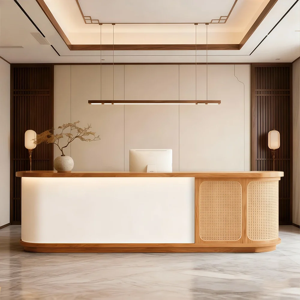 Rattan Curved Wood Reception Desk - Maoters