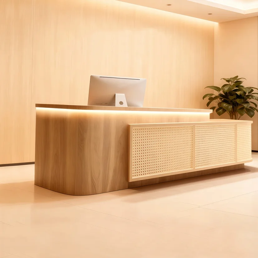 Modern Reception Desk With Rattan Panels - Maoters
