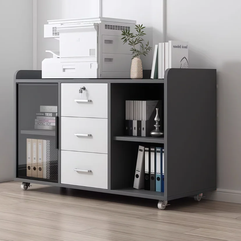 Modern Mobile Office Cabinet with Glass Front