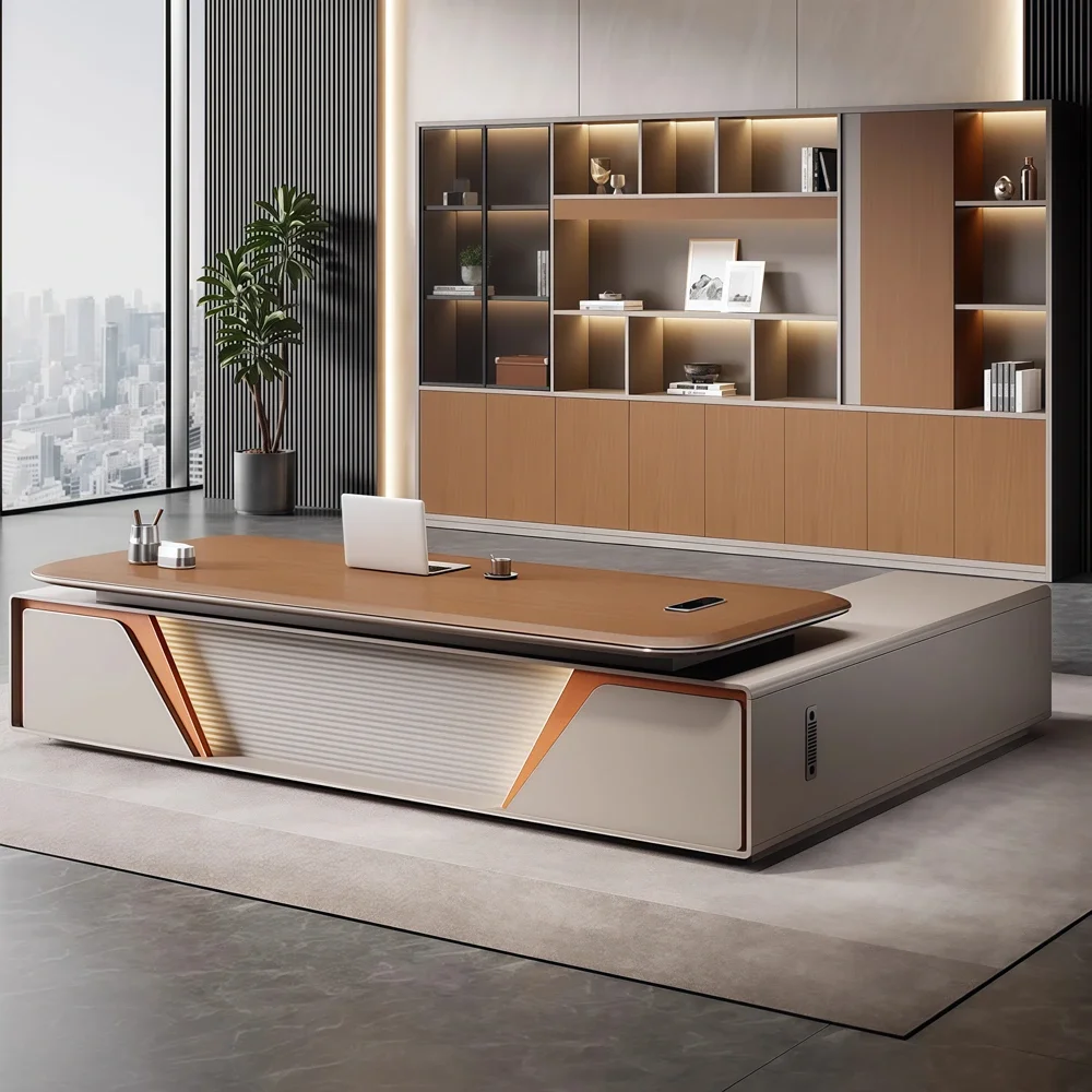 Sleek Executive Desk with Artistic Splicing Front Design