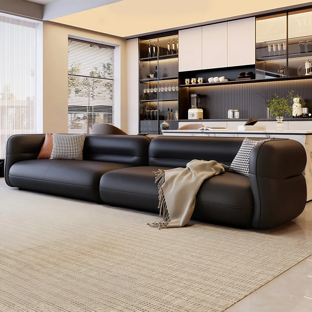 Curved Black Leather Sofa for Large Living Rooms