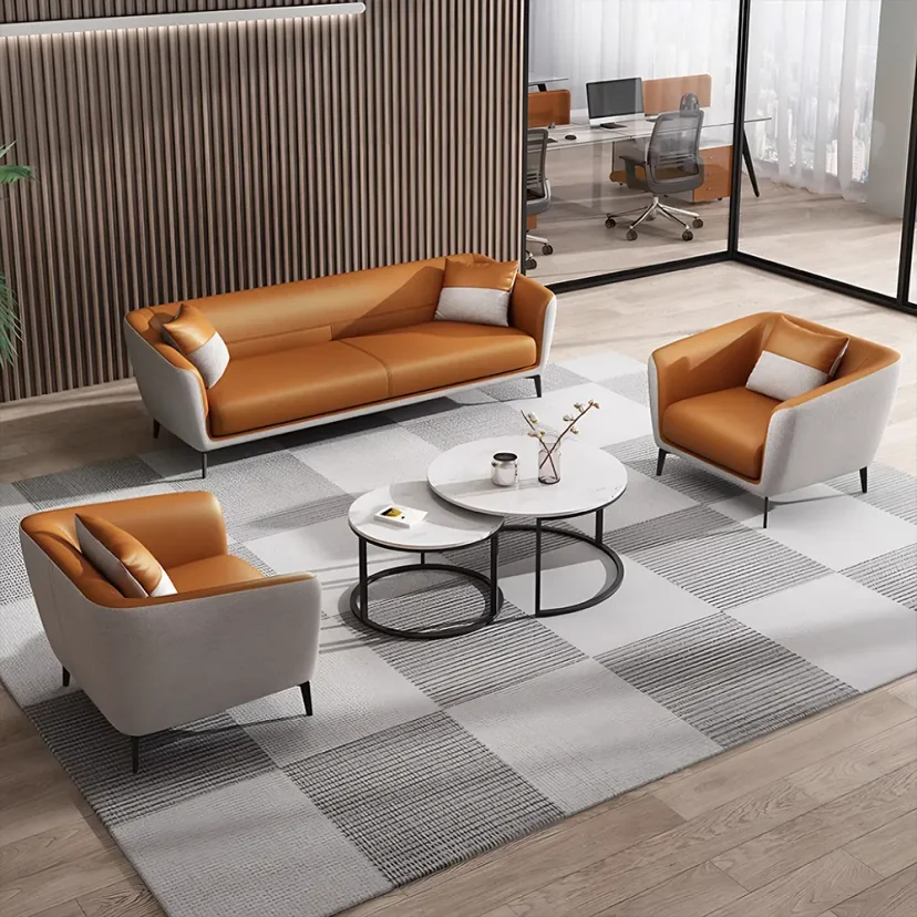 Luxury Leather Office Sofa – Compact Casual Orange