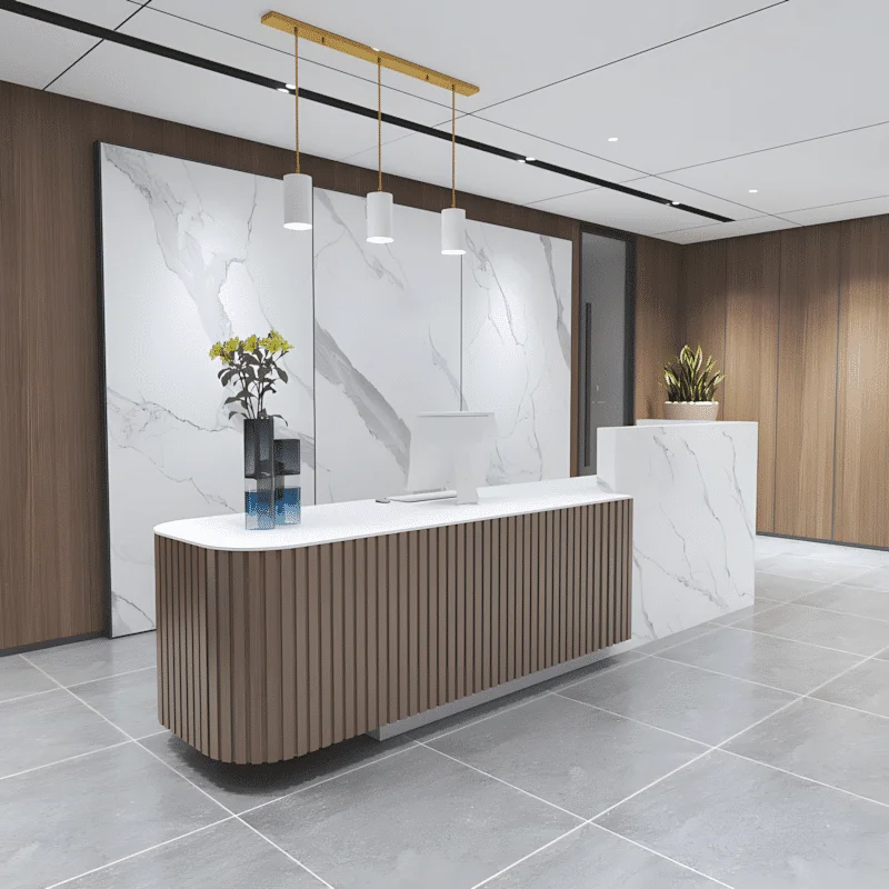 Curved Front Wood Slat Office Lobby Reception Desk - Maoters