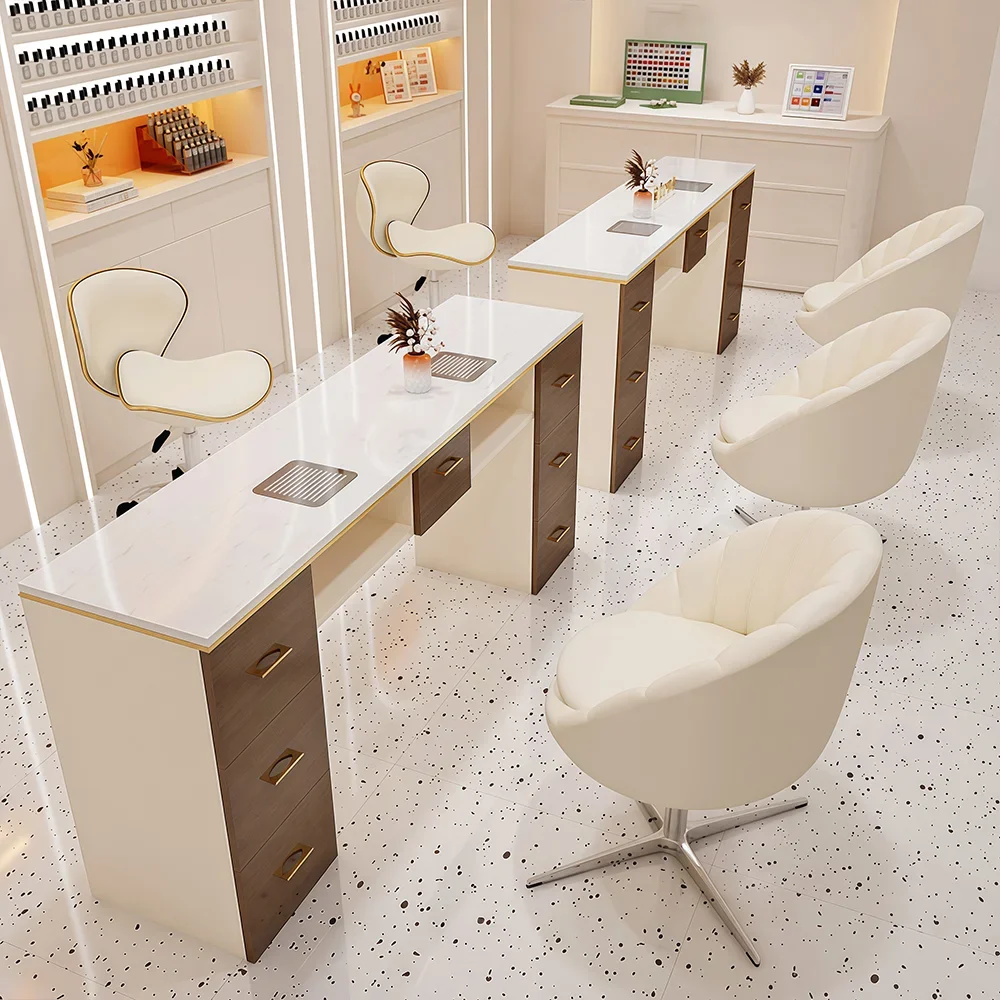 Retro Cream Marble Nail Desk with Storage