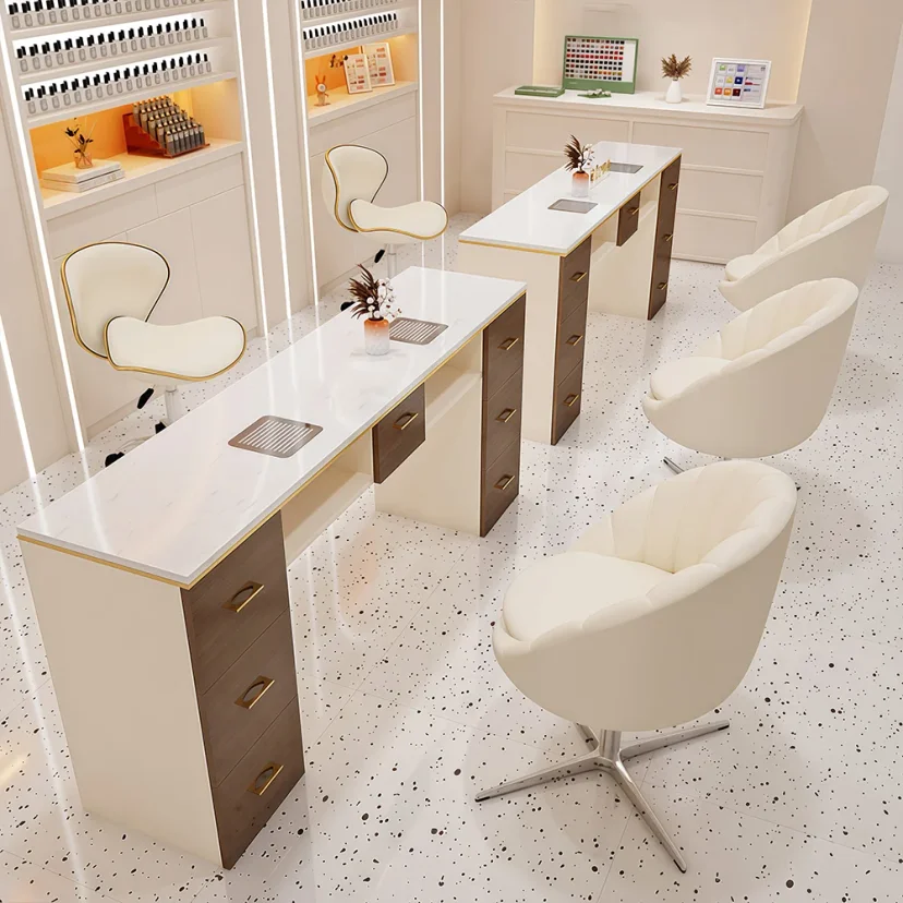 Retro Cream Marble Nail Desk with Storage