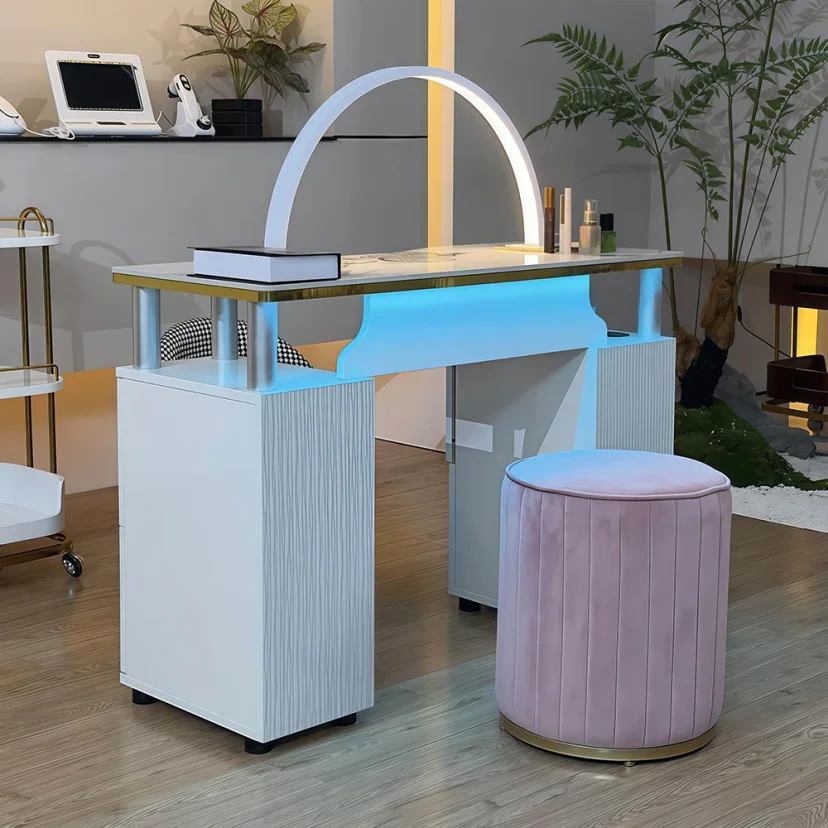 Glossy White Nail Table with Stool Set