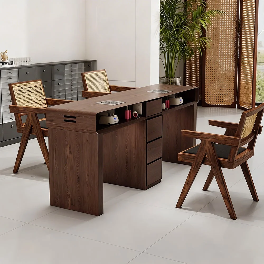 Vintage Wood Manicure Desk Built-in Vacuum