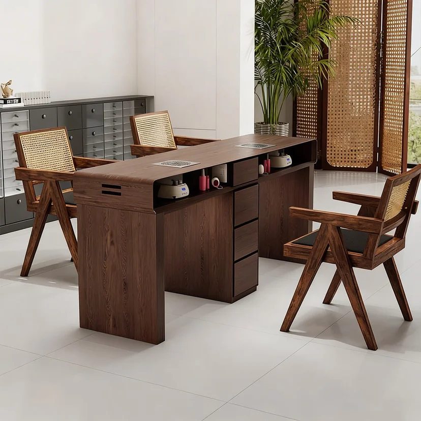 Vintage Wood Manicure Desk Built-in Vacuum