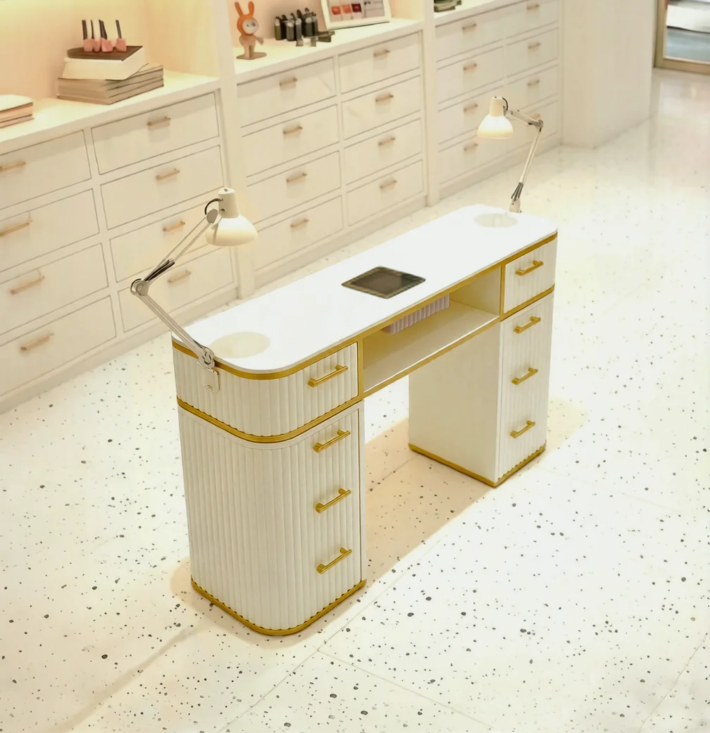 Dark Marble Nail Desk with Vacuum and Lamp