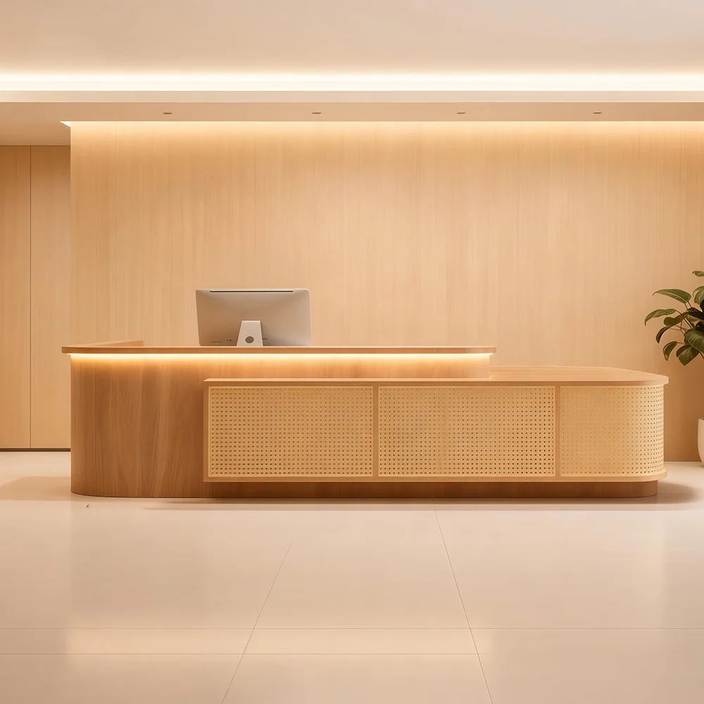Modern Reception Desk With Rattan Panels - Maoters