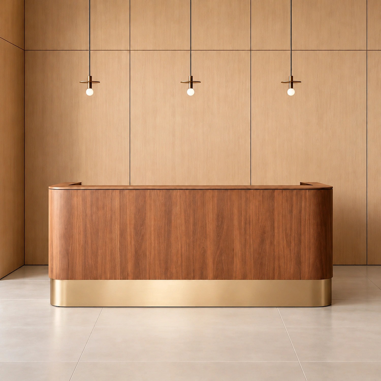 Modern Wood-Finish Reception Desk with Gold-Tone Base for Office Lobbies – Maoters