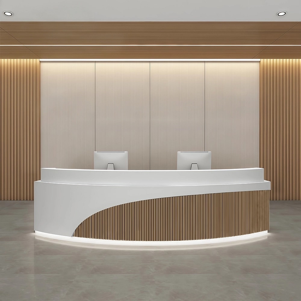 Modern Curved Service Counter with Wooden Grille