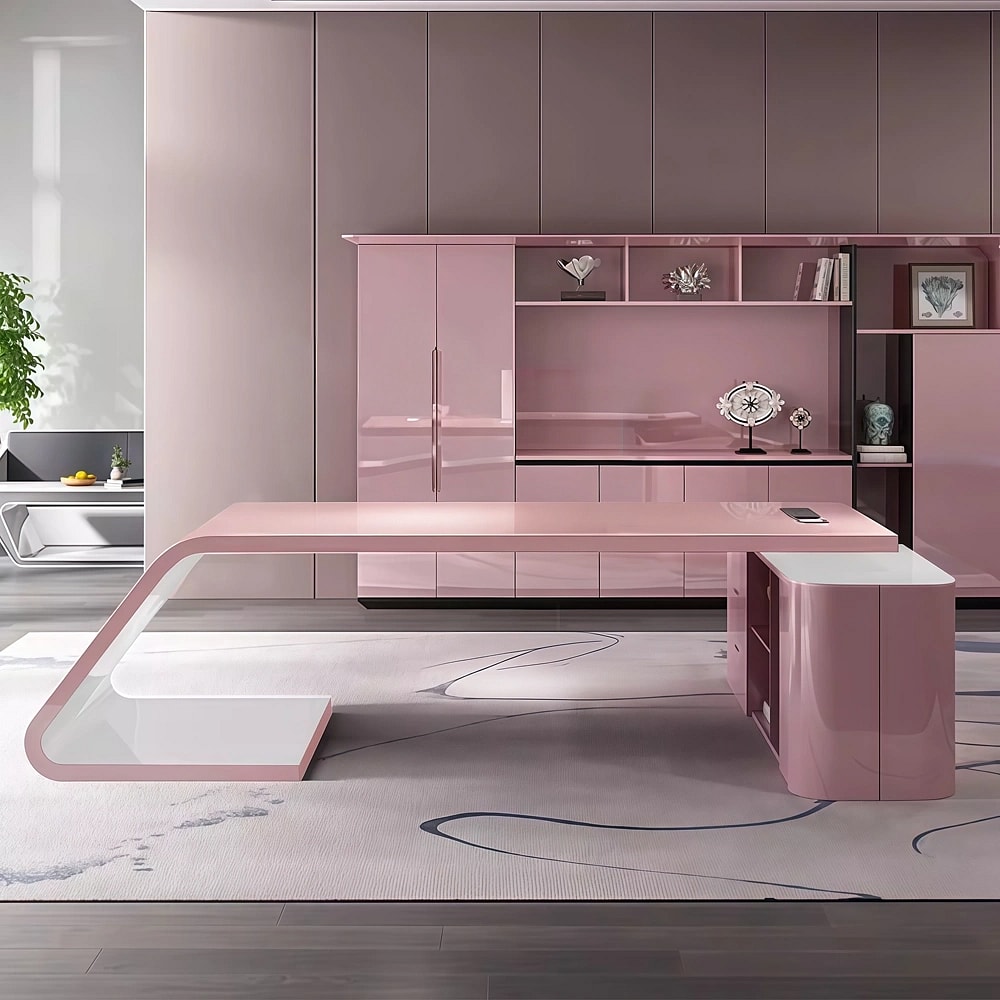 Pink Gloss Office Curved Executive Desk - Maoters