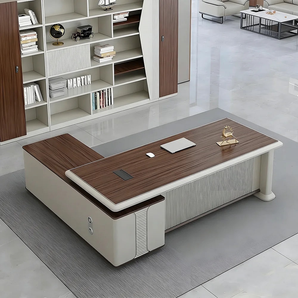 Modern Wood-Grain L-Shaped Executive Desk - Maoters