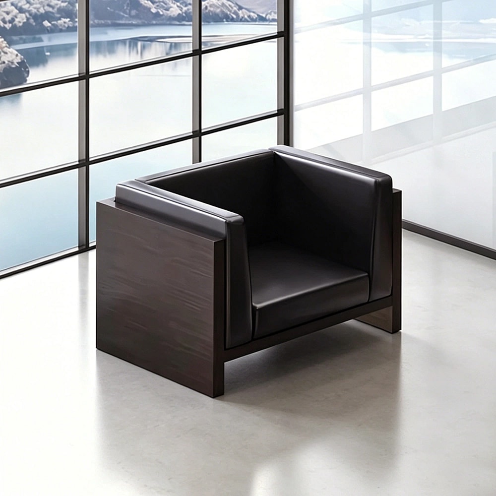 Compact Modern Guest Office Sofa – Genuine Leather, Black