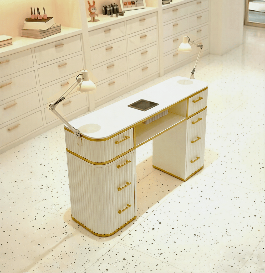 Dark Marble Nail Desk with Vacuum and Lamp