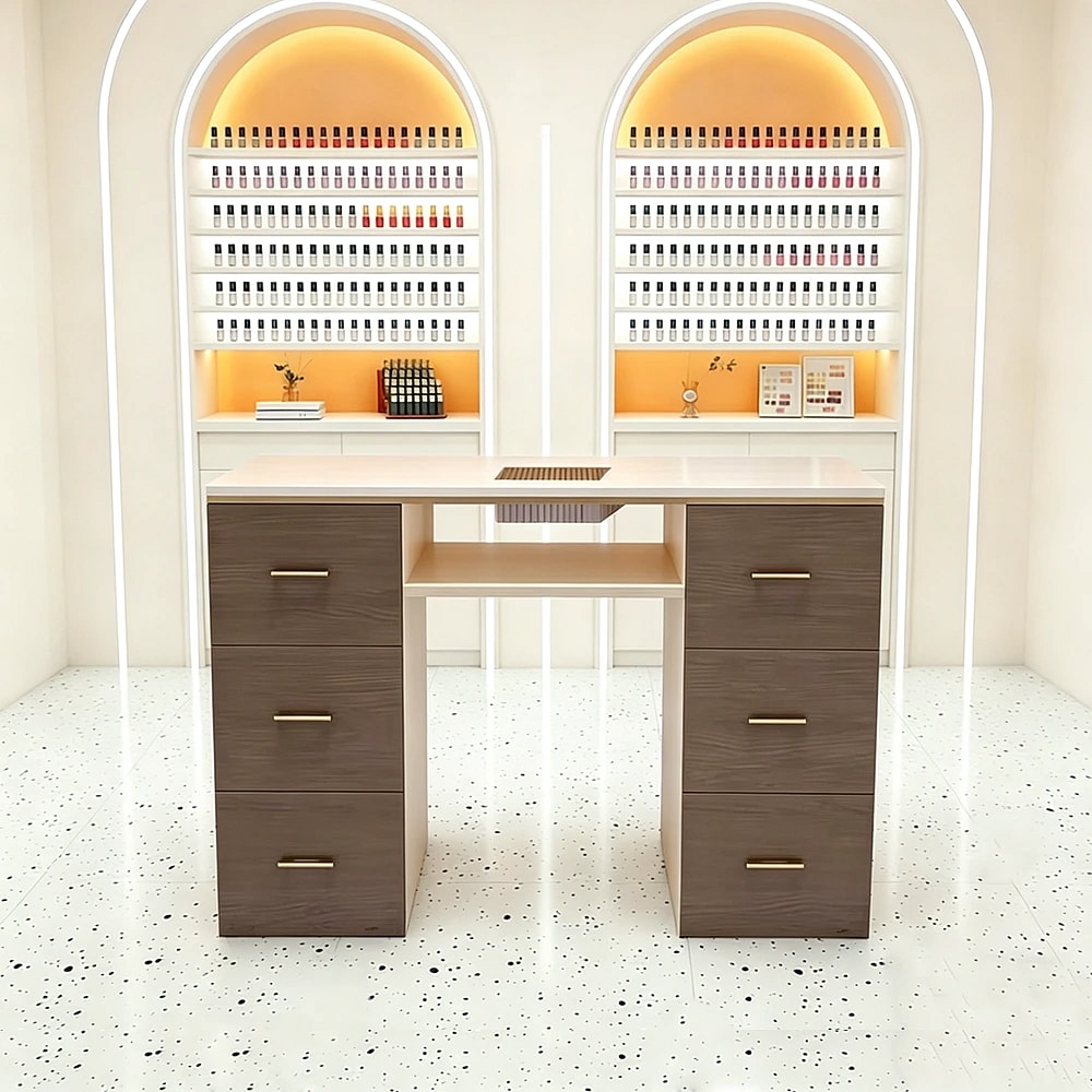 Retro Cream Marble Nail Desk with Storage