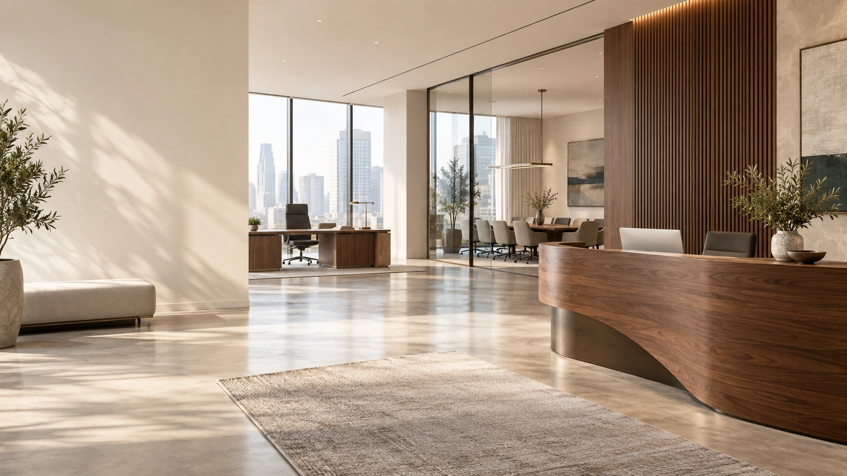 Sunlit modern office with a walnut reception desk and meeting room