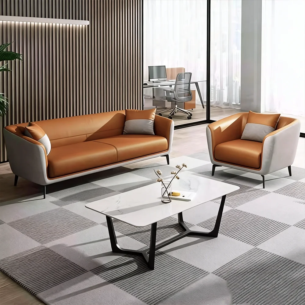 Luxury Leather Office Sofa - Compact Casual Orange