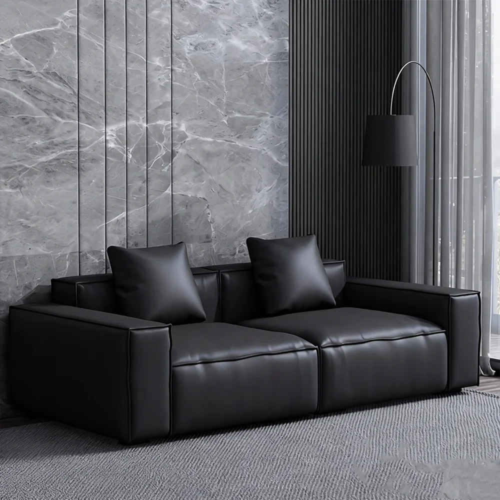 Leather Grey Sofa with Wide Armrests - Maoters
