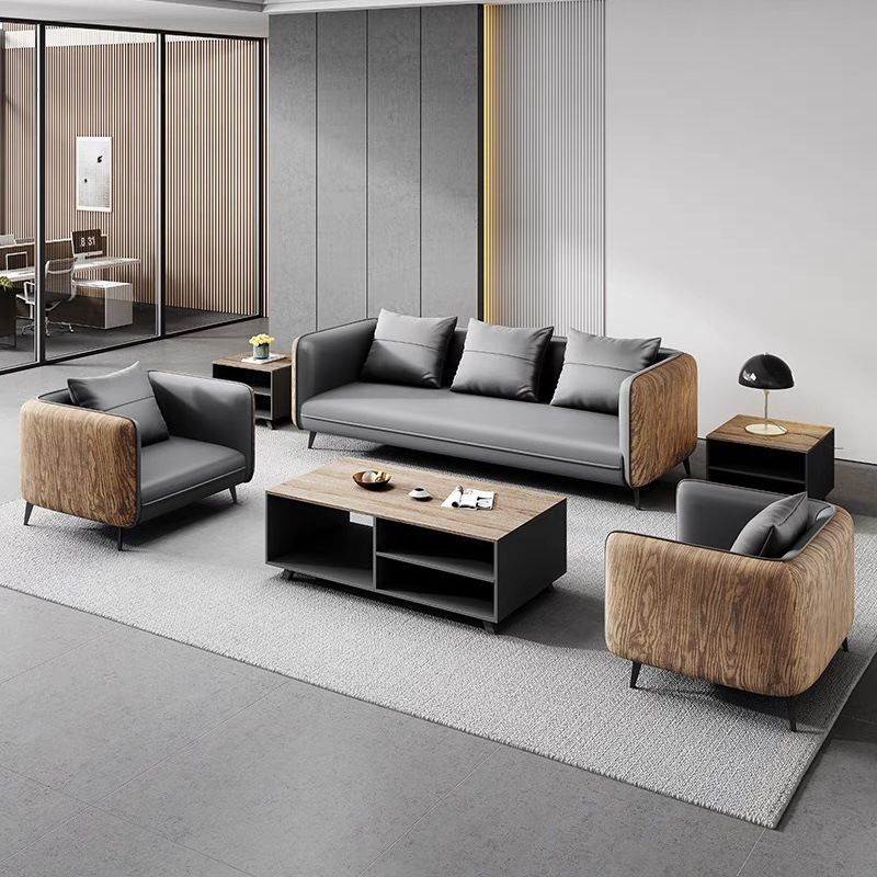 Gray Wood Grain Leather Sofa - Modern Business Reception