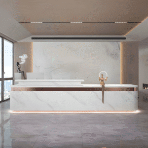 Simple Modern High-end Front Desk Reception - L126" x W24" x H39", White (marble pattern) + Red (stainless steel)