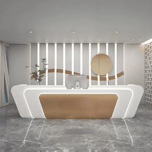 Simple and Unique Retail Front Desk - Maoters - L157"xW24"xH39", White + Gold stainless steel