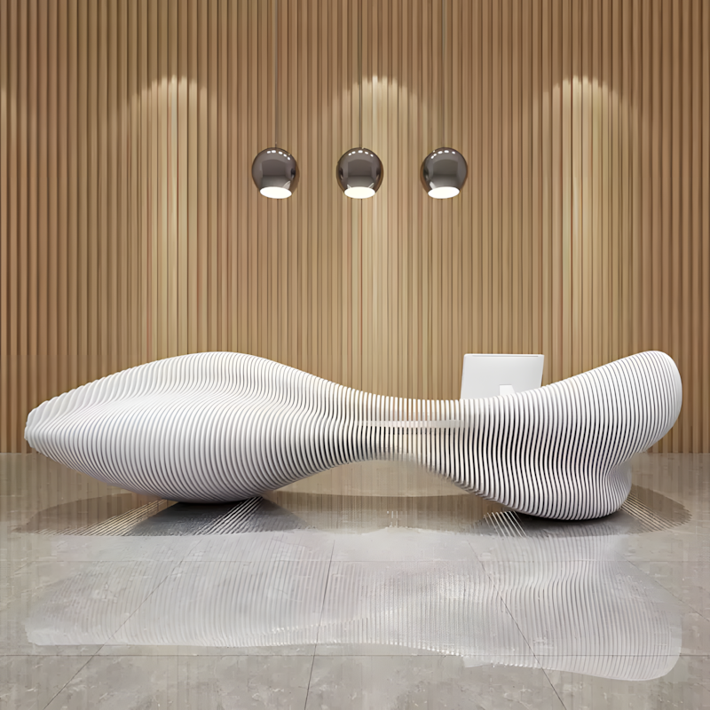 White Lacquer Reception Desk - Curved Front Counter