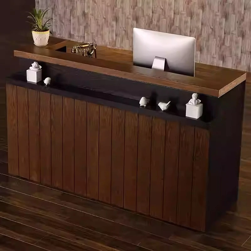 Vintage Industrial Cashier Desk - Solid Wood Counter for Cafe & Retail