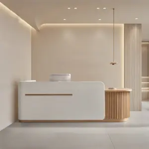 Modern Minimalist Reception Desk - L87" x W24" x H39", Beige + Wood
