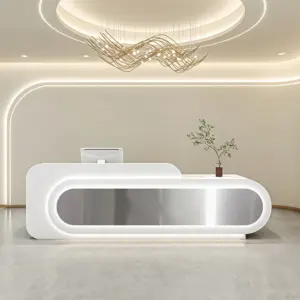 Office Front Desk &amp amp Cashier Counter Designs - L87" x W24" x H39", White + Silver stainless