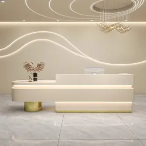 Professional Reception & Checkout Desks - L47" x W24" x H39", Off-white + Gold cylinder