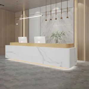Baked Paint Reception Counter - Maoters - L134" X W24" X H39", White marble pattern + Natural wood grain