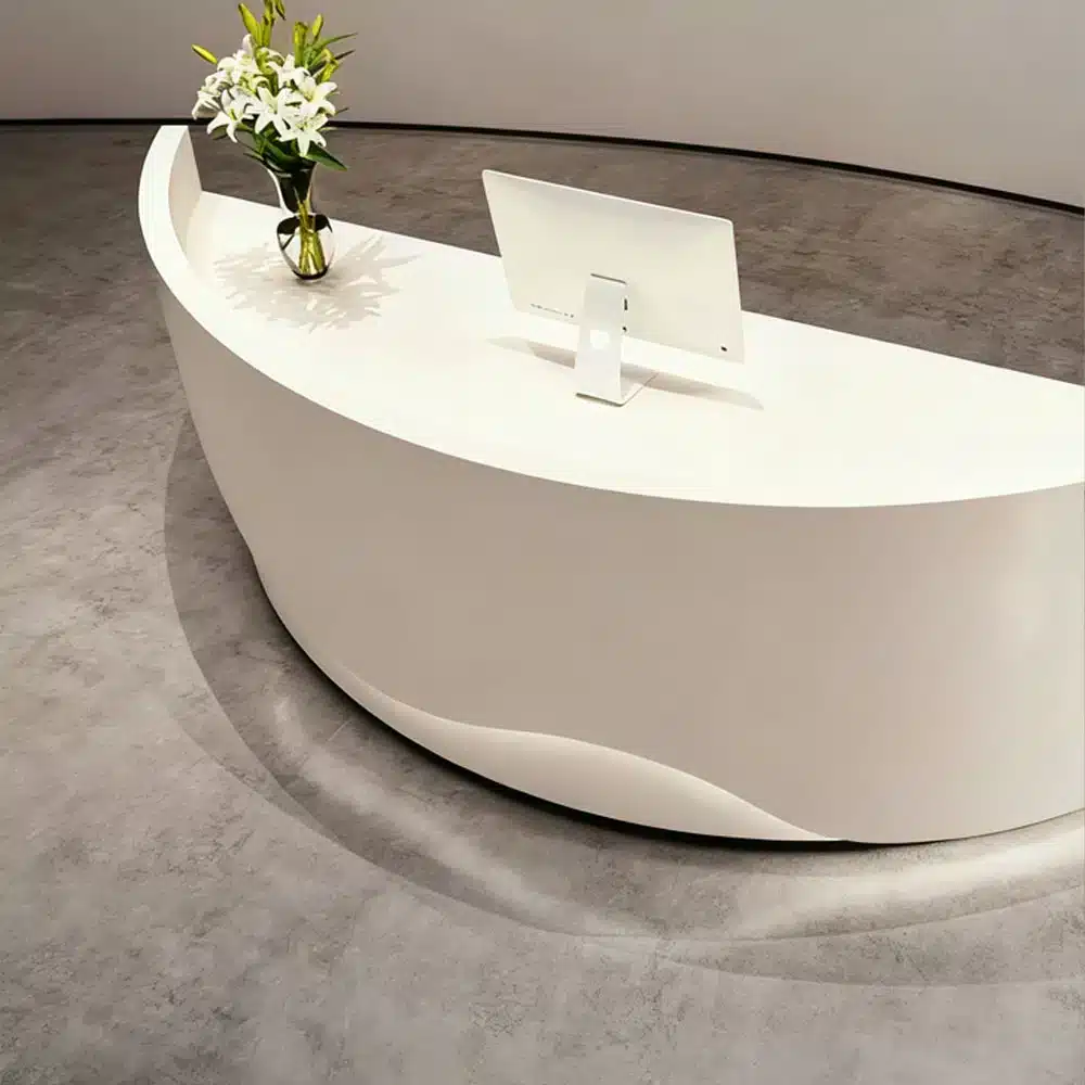 Minimalist Lacquer Reception Desk - Curved Salon & Boutique Counter Minimalist Lacquer Reception Desk - Curved Salon & Boutique Counter
